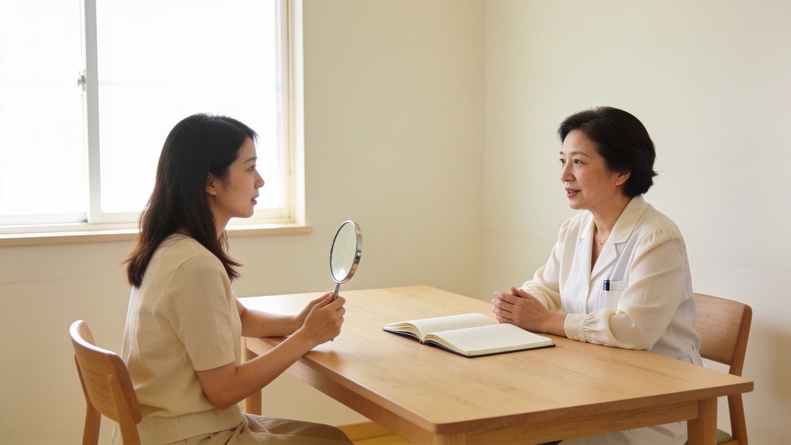 A doctor and a woman in her thirties seated at a consultation desk, talking through a plan with a hand mirror and notebook, both fully in frame