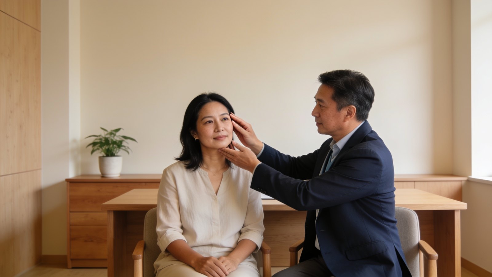A doctor assessing the cheek and jawline of a seated woman in her forties with her fingertips during a consultation