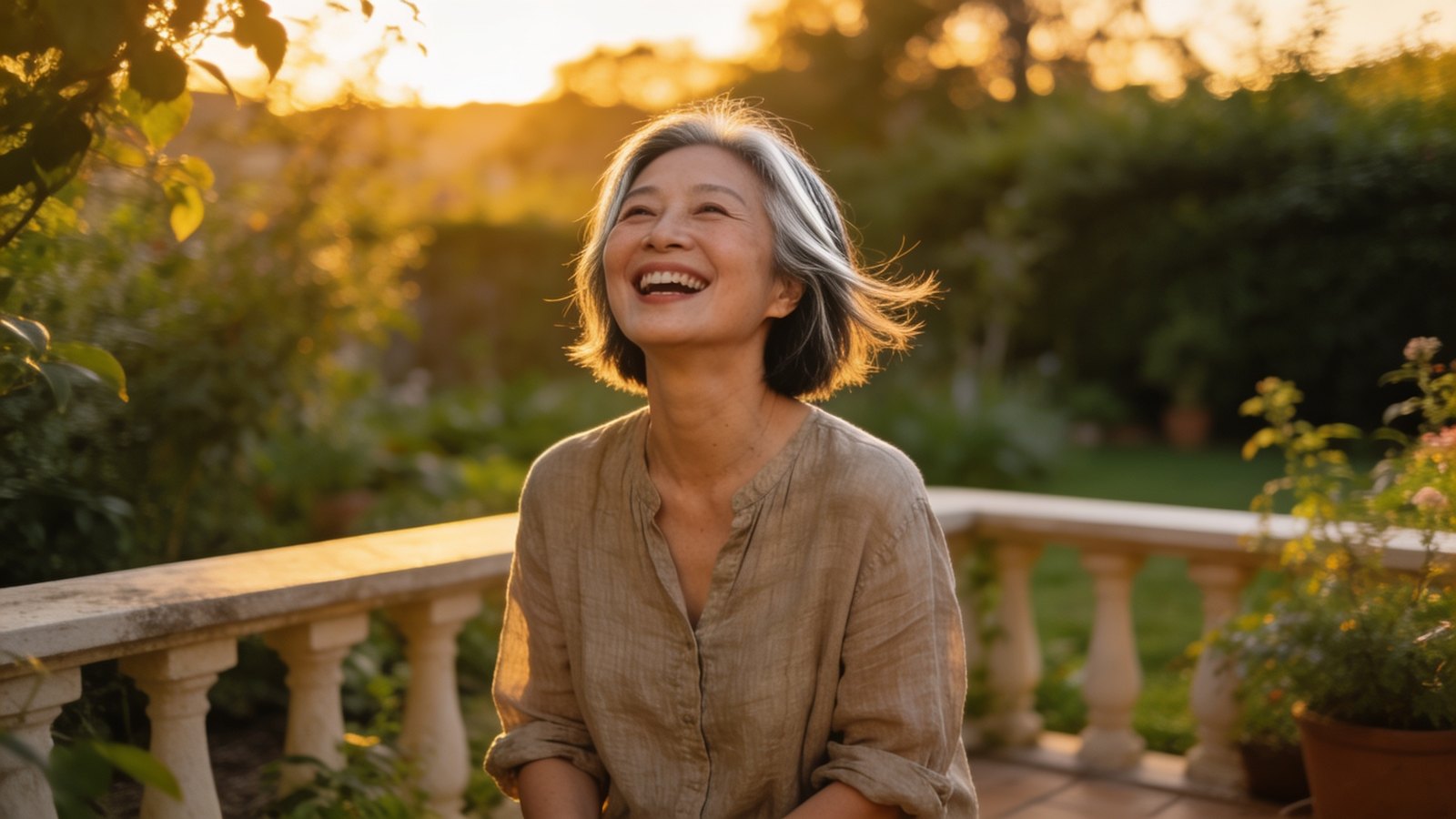 A woman in her early fifties laughing naturally outdoors in soft evening light, her jawline and neck relaxed