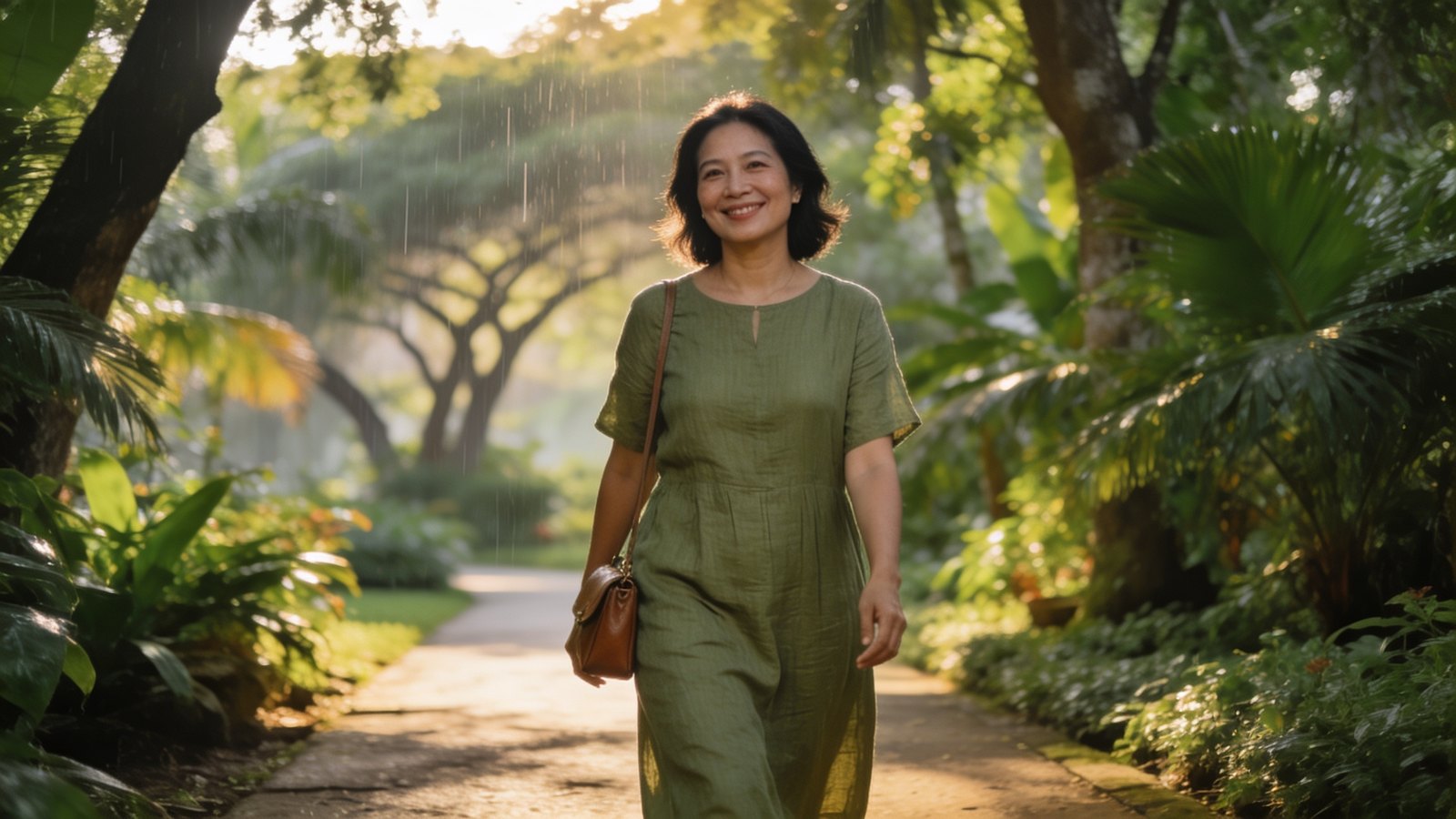 A woman in her late forties smiling as she walks along a shaded Orchard Road walkway, her whole head and face in frame
