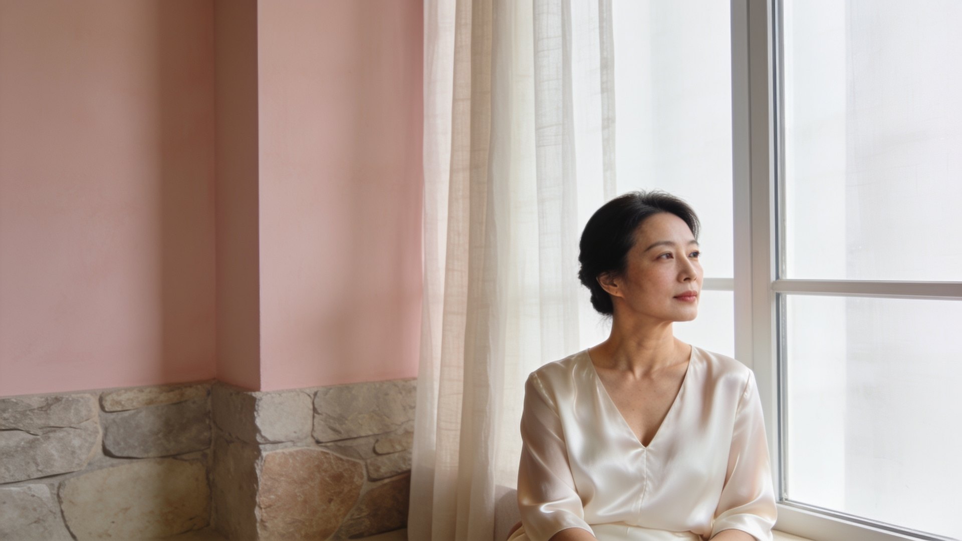 East Asian woman in her late forties in soft window light, her jawline and neck relaxed, representing facelift options at IN Eternity Clinic, Singapore
