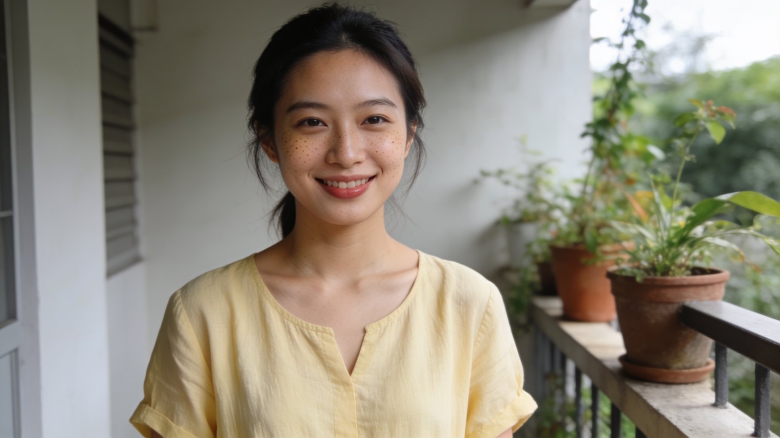 A Chinese Singaporean woman in her twenties with light freckles across her nose and cheeks smiling in soft daylight, her whole face and head in frame