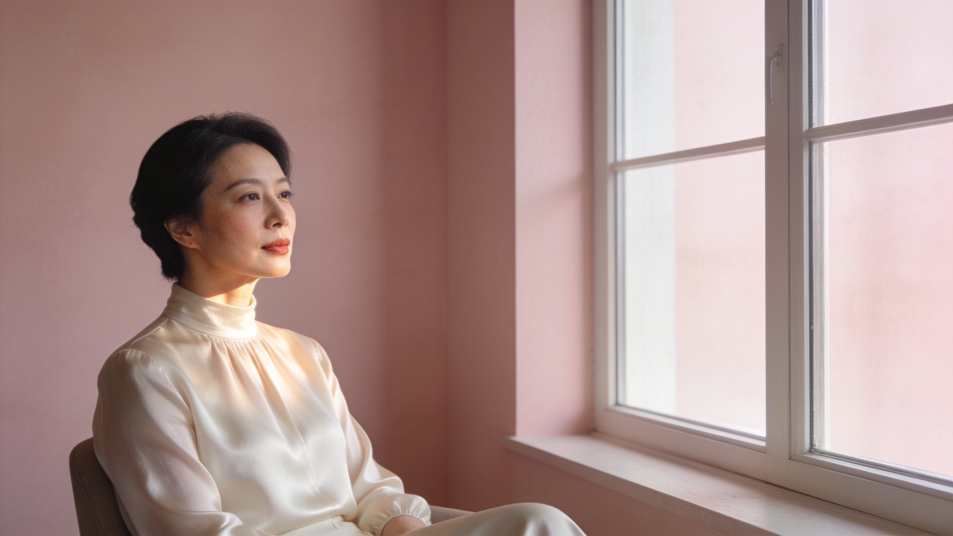 An East Asian woman in her forties with a softly defined jawline in natural window light, illustrating HIFU results at IN Eternity Clinic