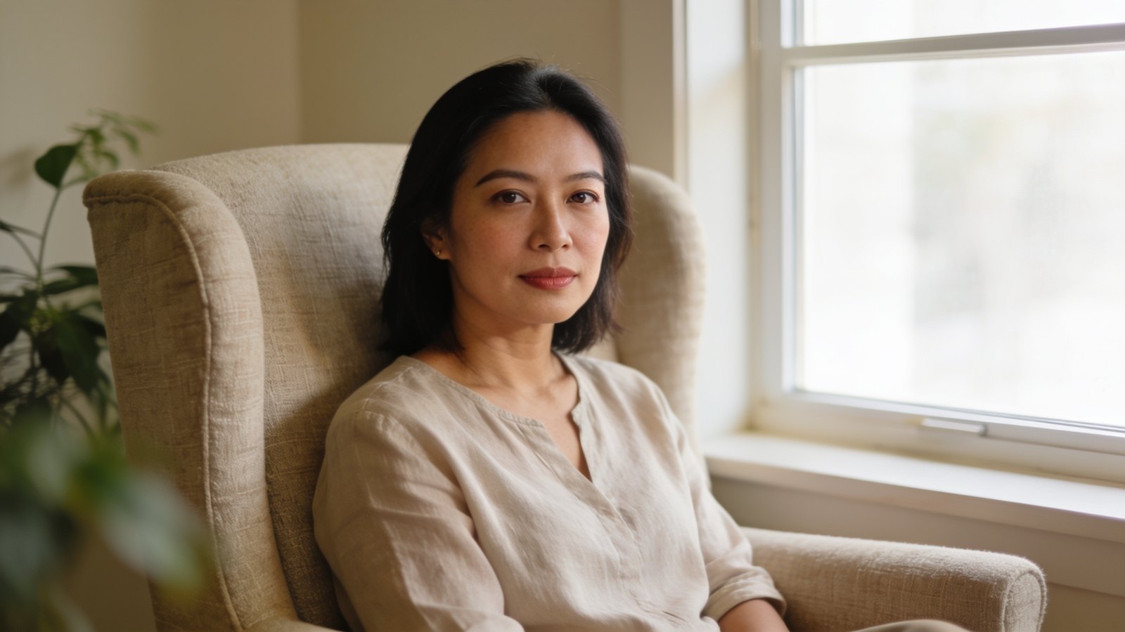 A Southeast Asian woman in her early forties sitting by a window, looking calmly towards the camera, her whole face and head in frame