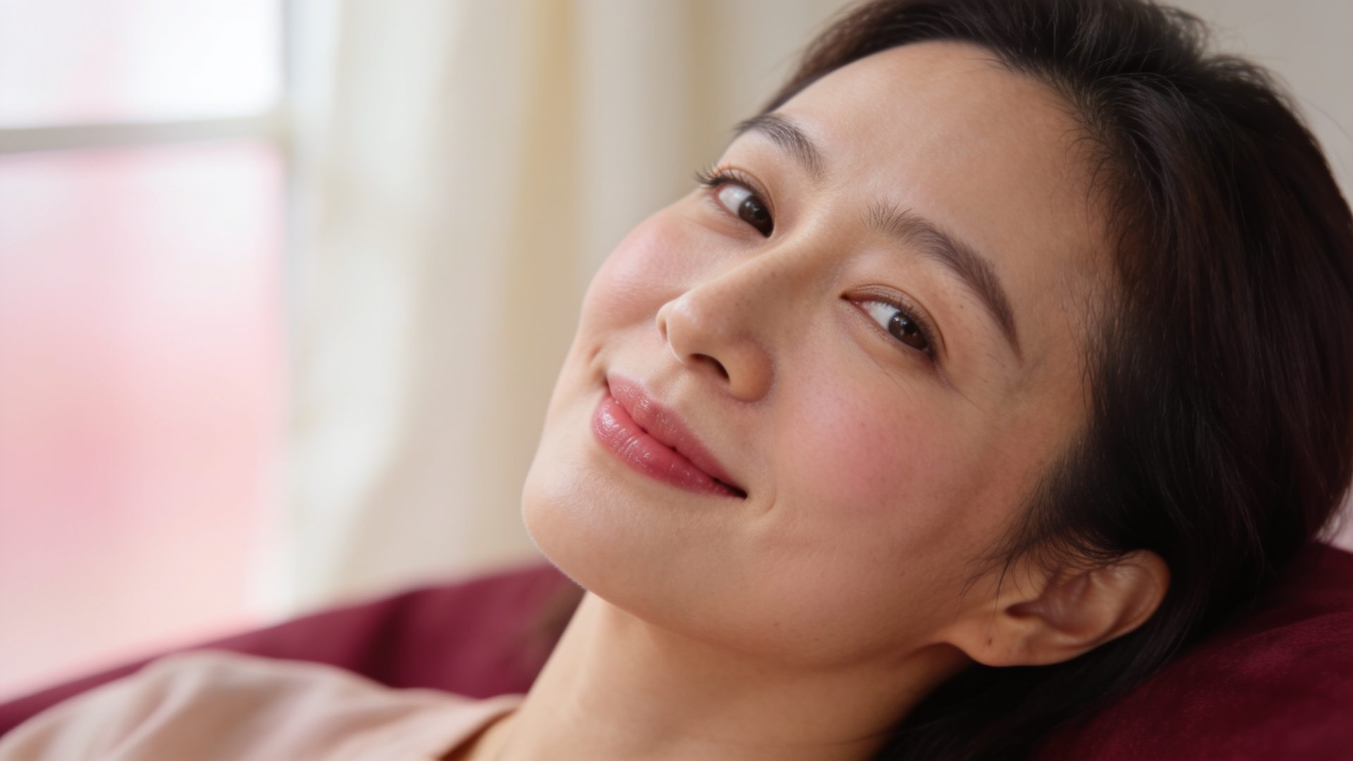 Portrait of a relaxed woman with a natural, refreshed look in soft daylight (illustrative image)