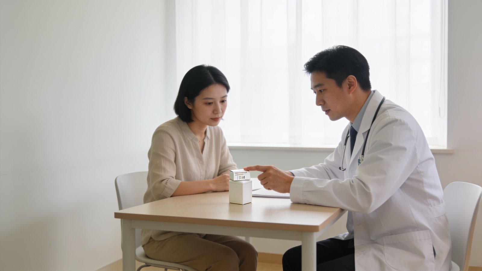 A doctor showing a patient the sealed packaging and batch label of an injectable product before treatment