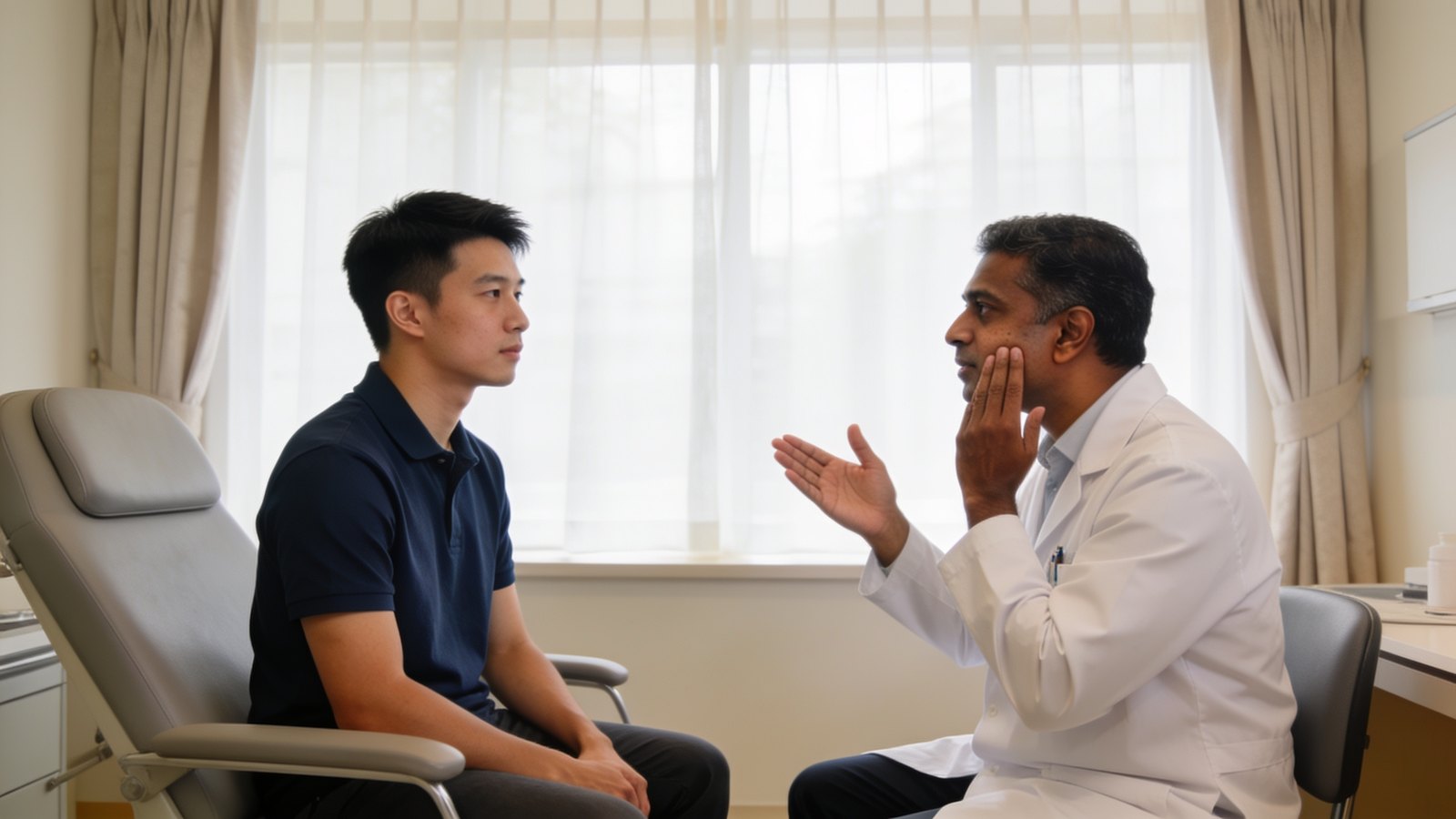 A Chinese Singaporean man in his twenties talking with a doctor during a skin assessment, both whole heads in frame