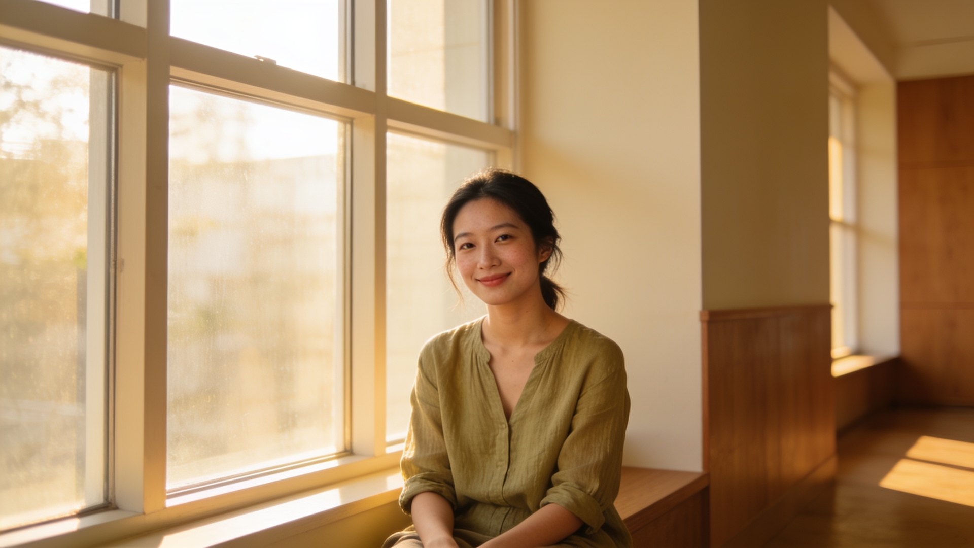 A Chinese Singaporean woman in her twenties with clear, natural skin smiling softly in warm window light, representing ice pick scar treatment at IN Eternity Clinic, Singapore