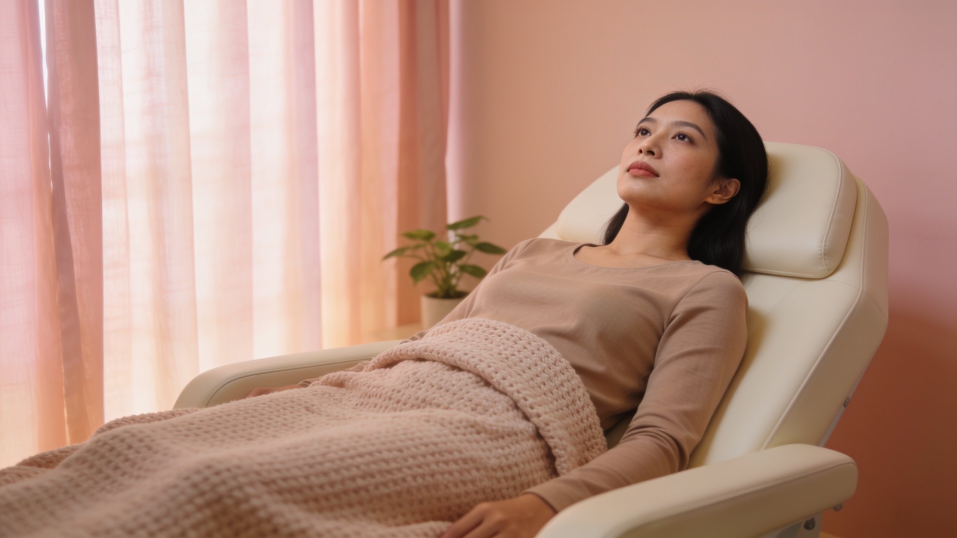 A Southeast Asian woman in her thirties resting calmly with eyes open in a warm, softly lit room, illustrating HIFU comfort at IN Eternity Clinic