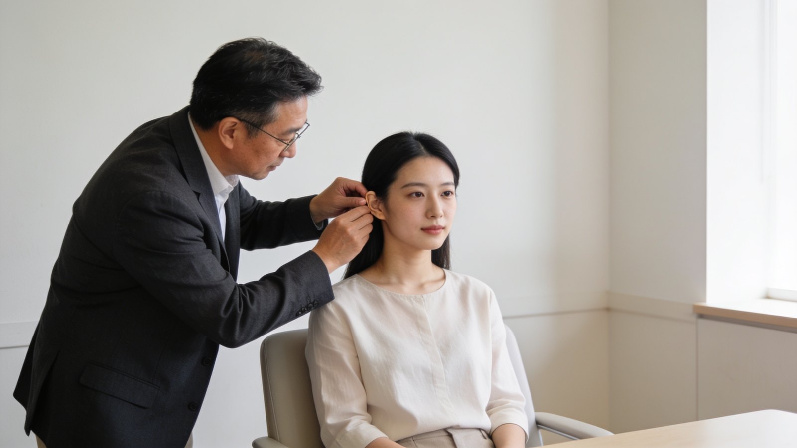 A doctor examining the earlobe of a seated woman during a consultation