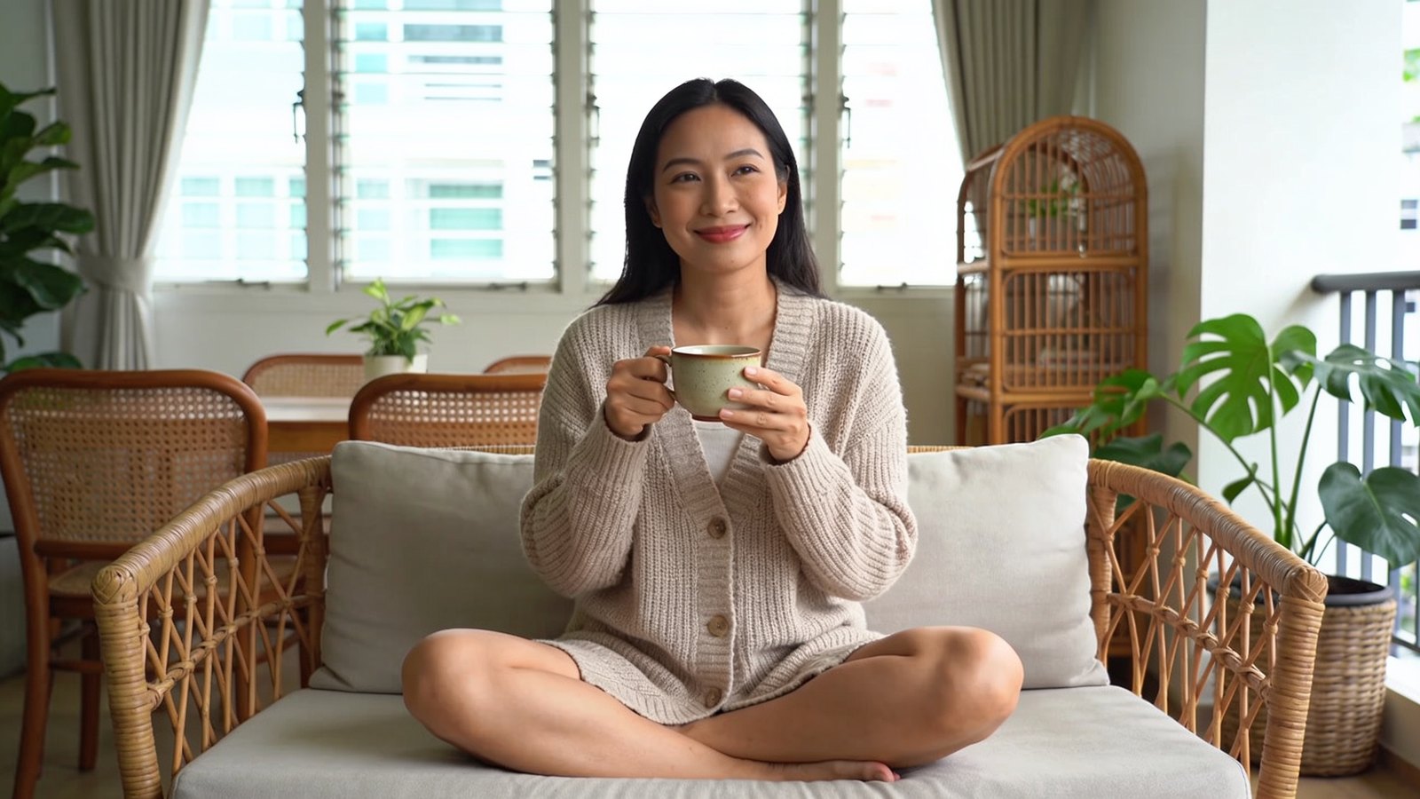 A Vietnamese woman in her thirties living in Singapore relaxing in a calm sunlit living room with a cup of tea, her whole face and head in frame