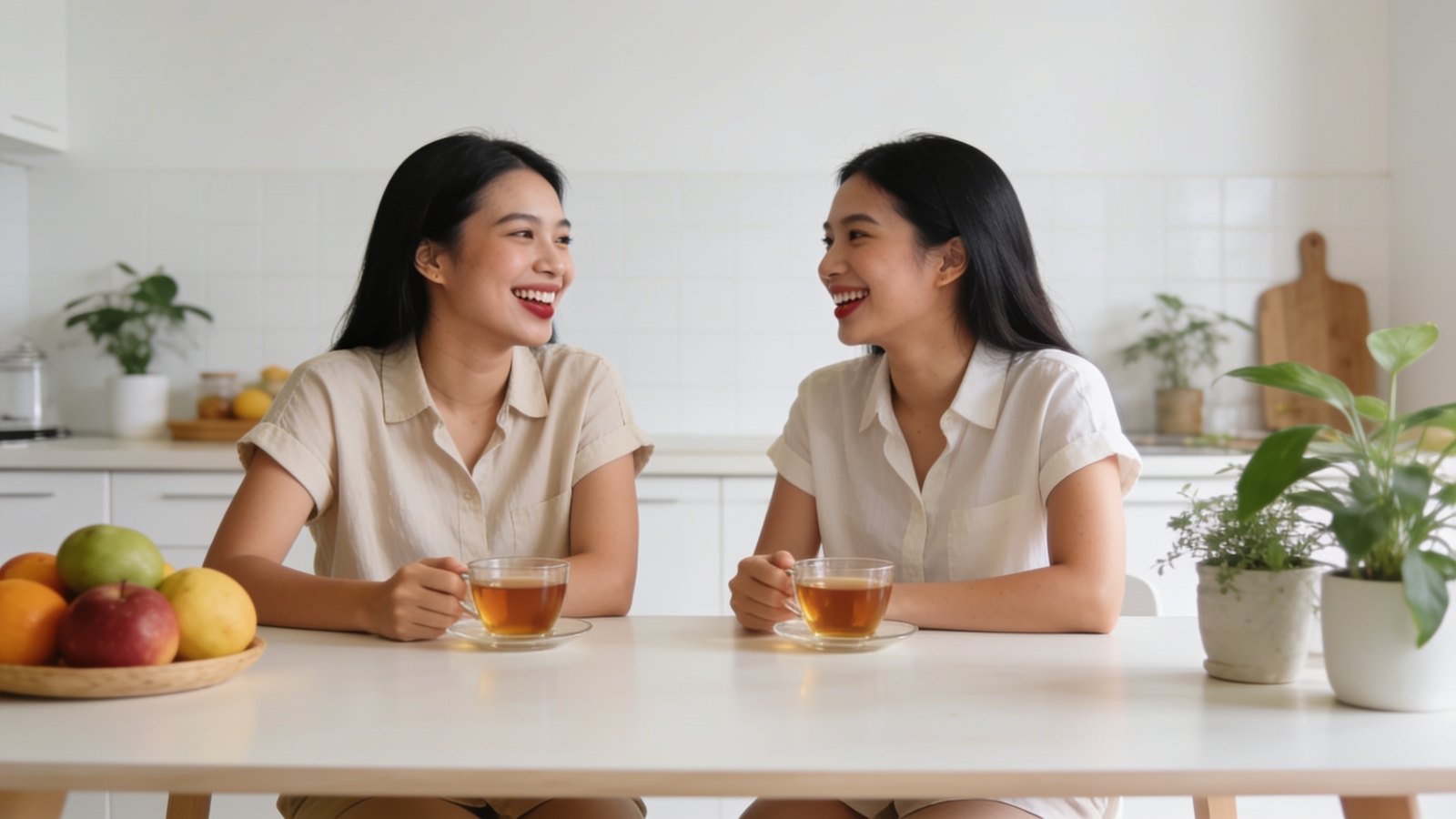 Two Southeast Asian women in their late twenties talking over tea at a bright kitchen table, both with soft natural nude lips, both entire heads in frame