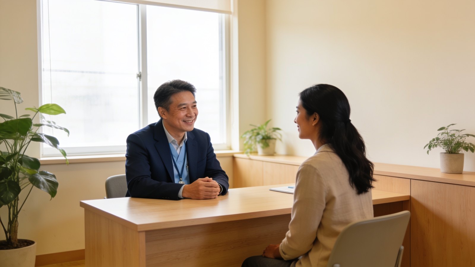 A doctor talking with a woman in her thirties at a consultation desk in a calm clinic room, both seated with their whole heads in frame