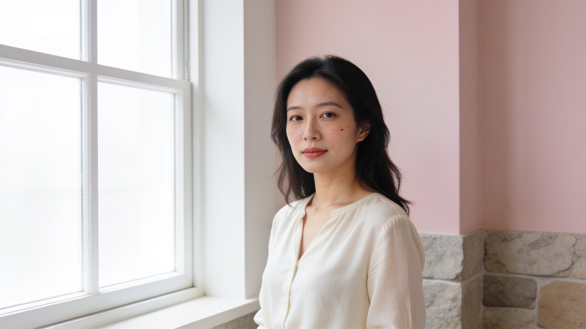 Chinese Singaporean woman in her thirties with natural skin standing by a bright window, representing facial mole checks at IN Eternity Clinic, Singapore