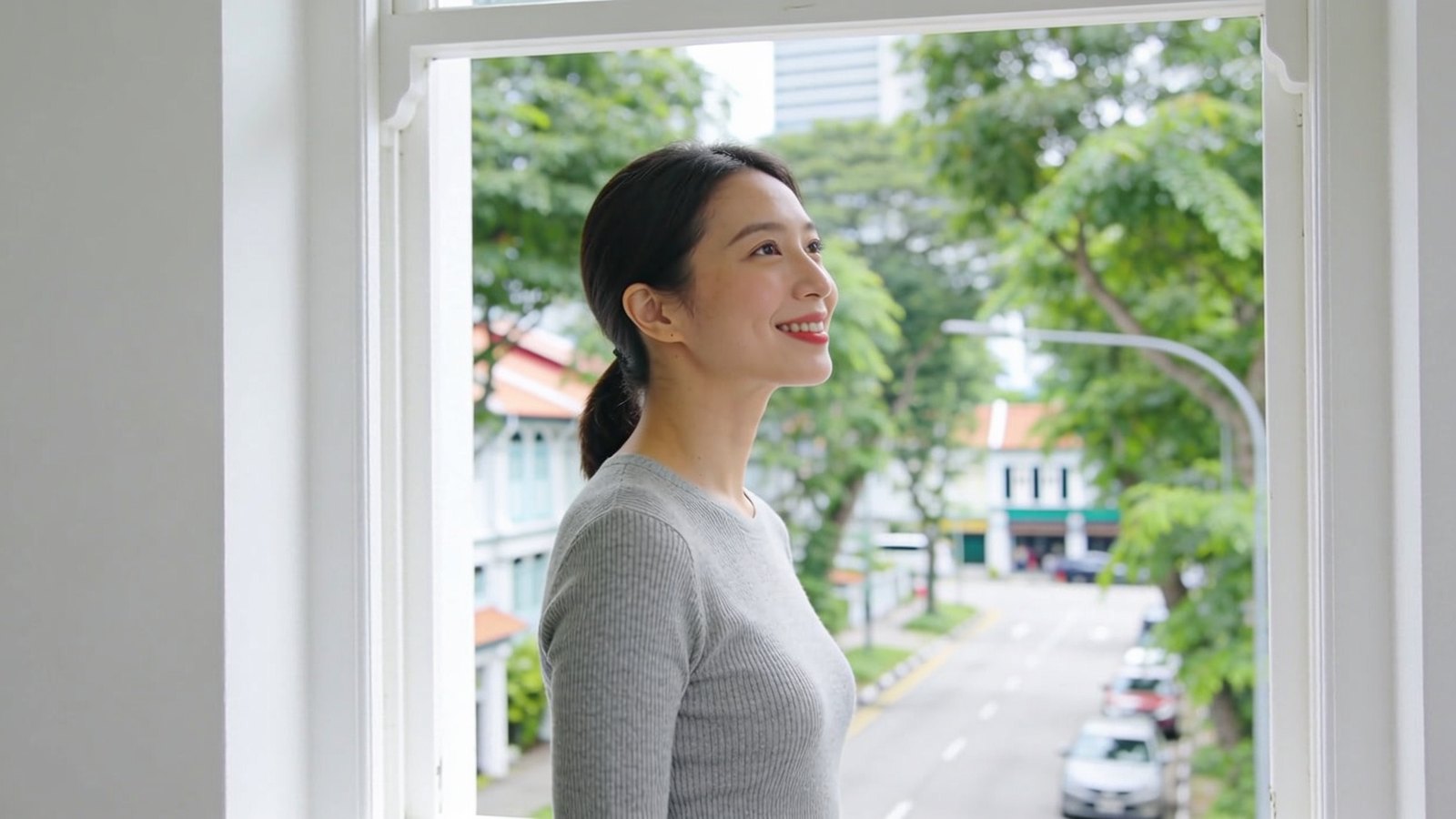 An East Asian woman in her early thirties in three-quarter profile, smiling as she looks out of a bright window, her whole head and face in frame