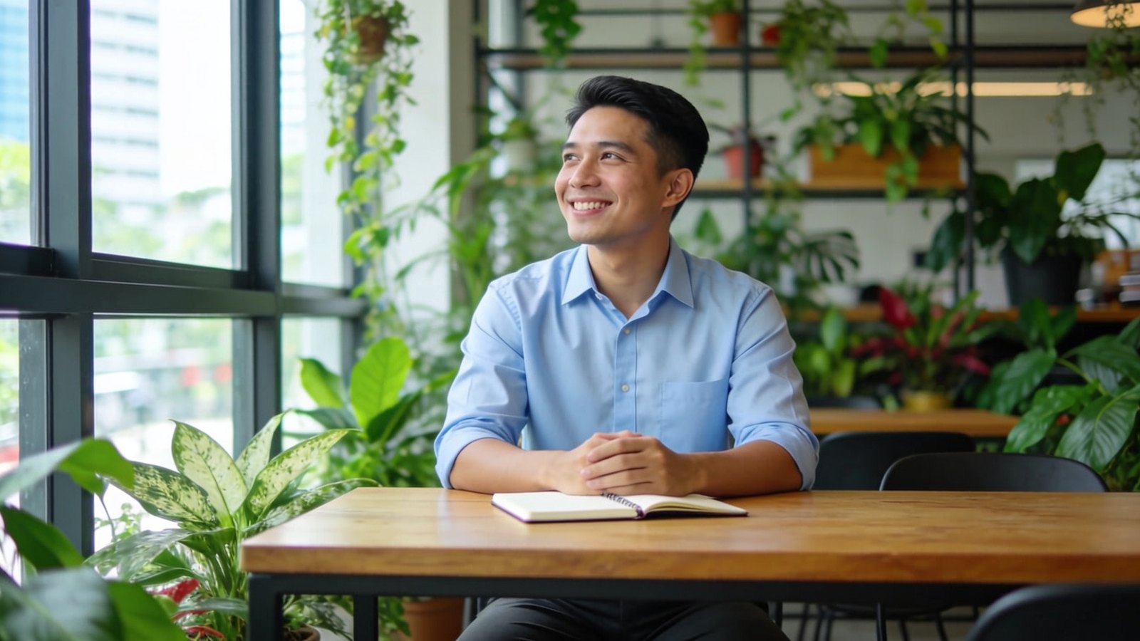 A Southeast Asian man in his early thirties smiling in a bright co-working space, his whole head and face in frame