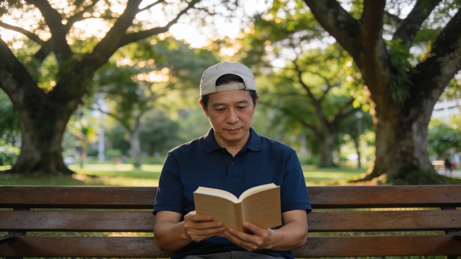 A Chinese Singaporean man in his forties reading on a bench in a leafy park in late-afternoon light, his whole face and head in frame