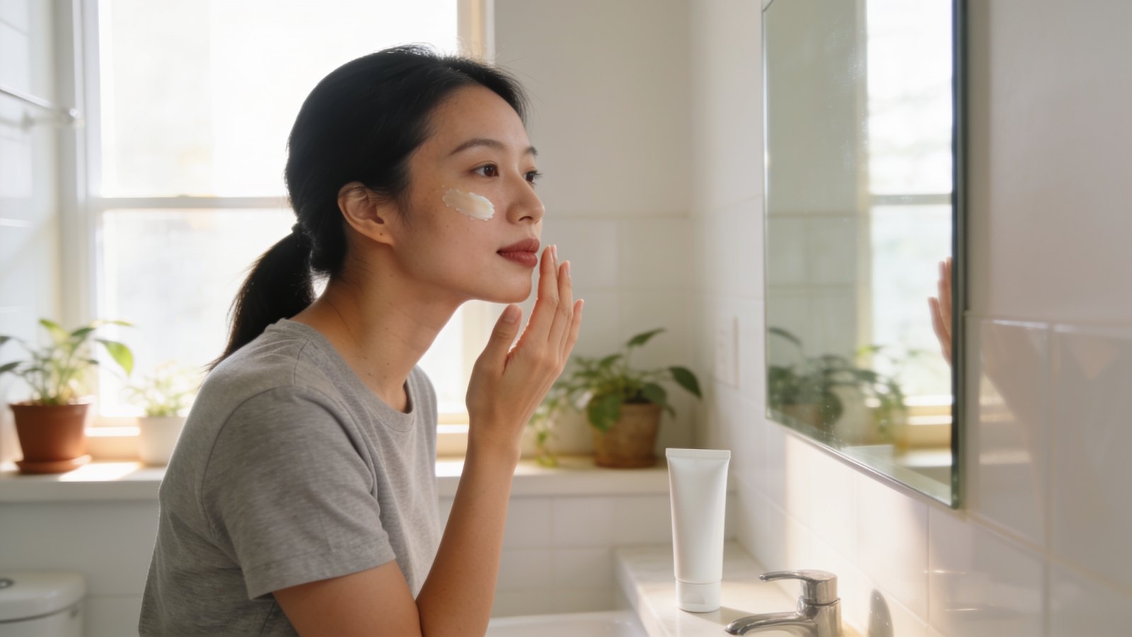 A Chinese Singaporean woman in her thirties applying sunscreen at a bathroom mirror in soft morning light, her whole face and head in frame