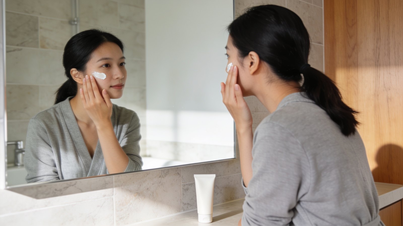 A Chinese Singaporean woman in her twenties applying sunscreen at a bright bathroom mirror, her whole head and reflection in frame