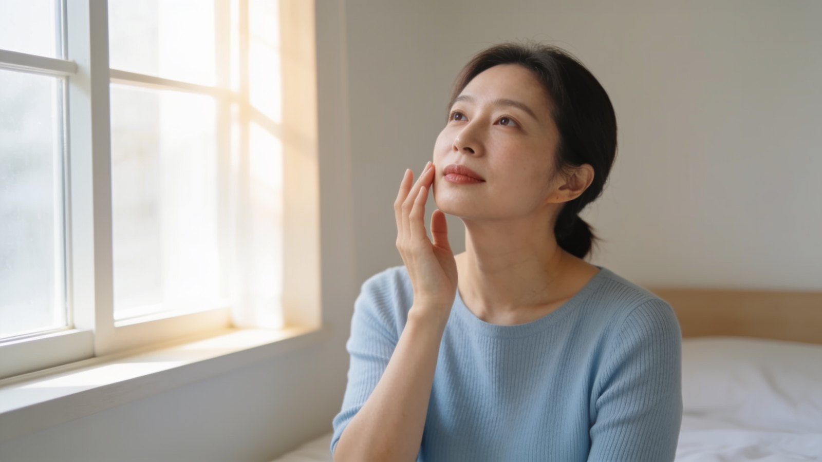 A Korean woman in her thirties living in Singapore touching her cheek gently in soft morning light, her whole face and head in frame