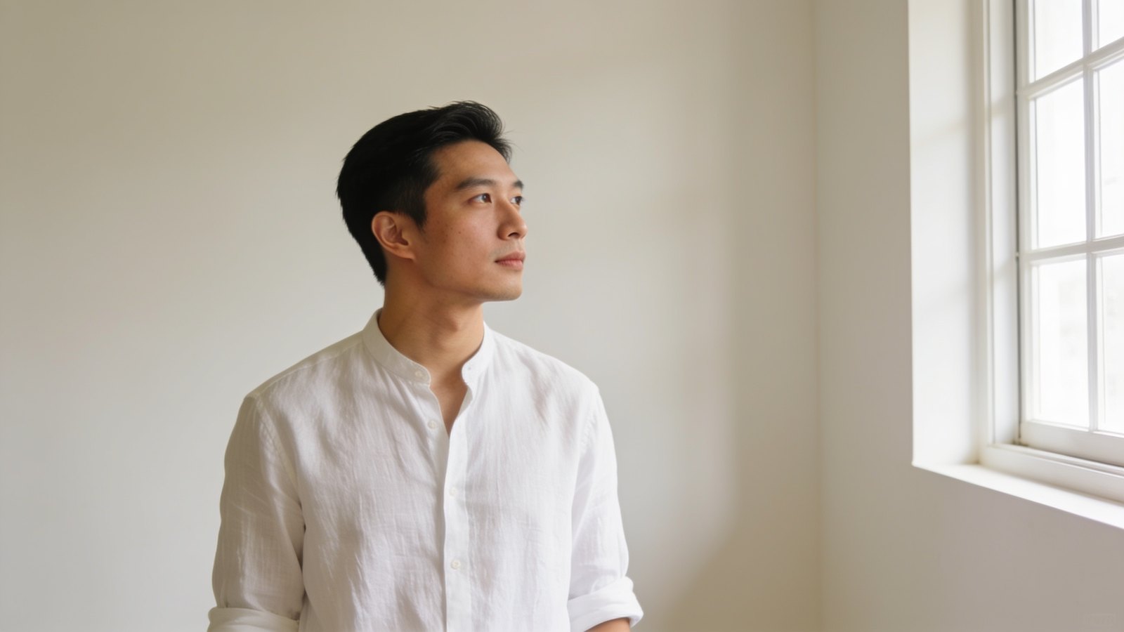 A Chinese Singaporean man in his early thirties with short dark hair standing in a bright room, his whole head and face in frame