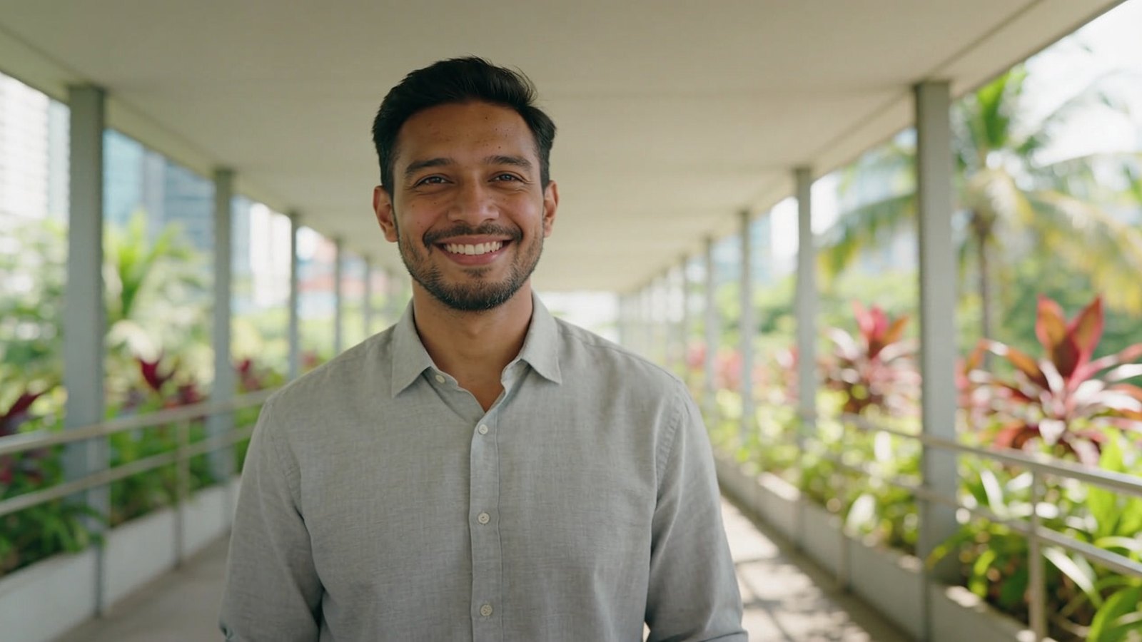 A Malay Singaporean man in his late thirties smiling on a shaded city walkway, his whole head and face in frame