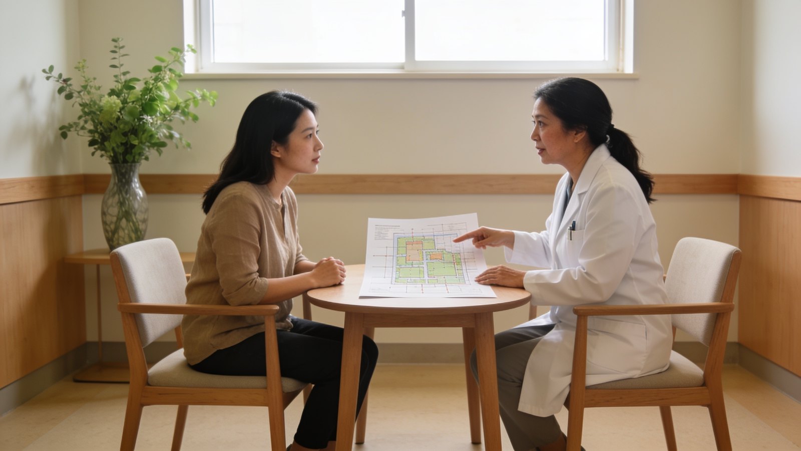 An East Asian woman in her thirties in a calm consultation room, listening as a doctor explains a skincare plan, her whole head in frame