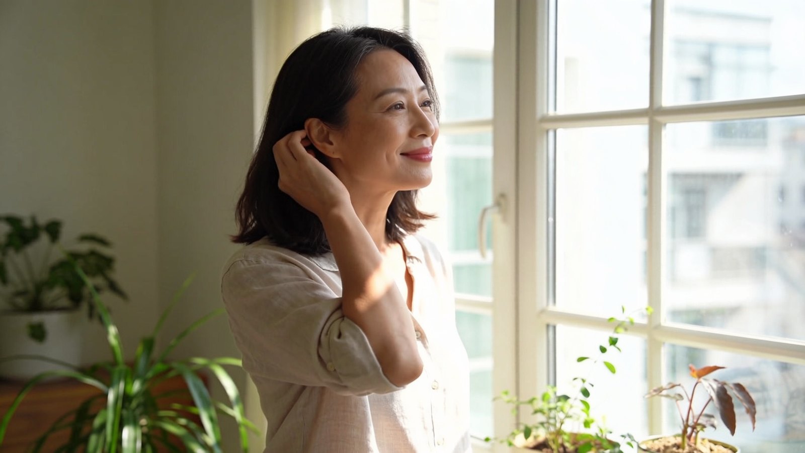 East Asian woman in her forties with shoulder-length dark hair, smiling as she tucks her hair behind one ear by a bright window, her whole head and full face in frame