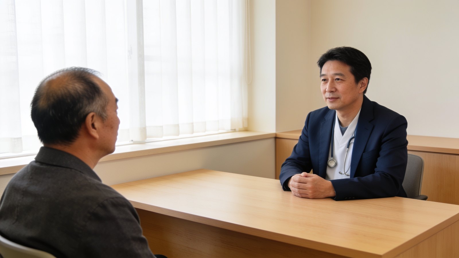A doctor and a man in his forties at a consultation desk in a calm clinic room, discussing hair thinning, both seated and fully in frame