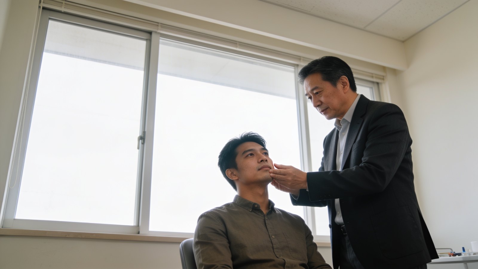A doctor reviewing the cheek of a seated man in angled window light during a scar assessment