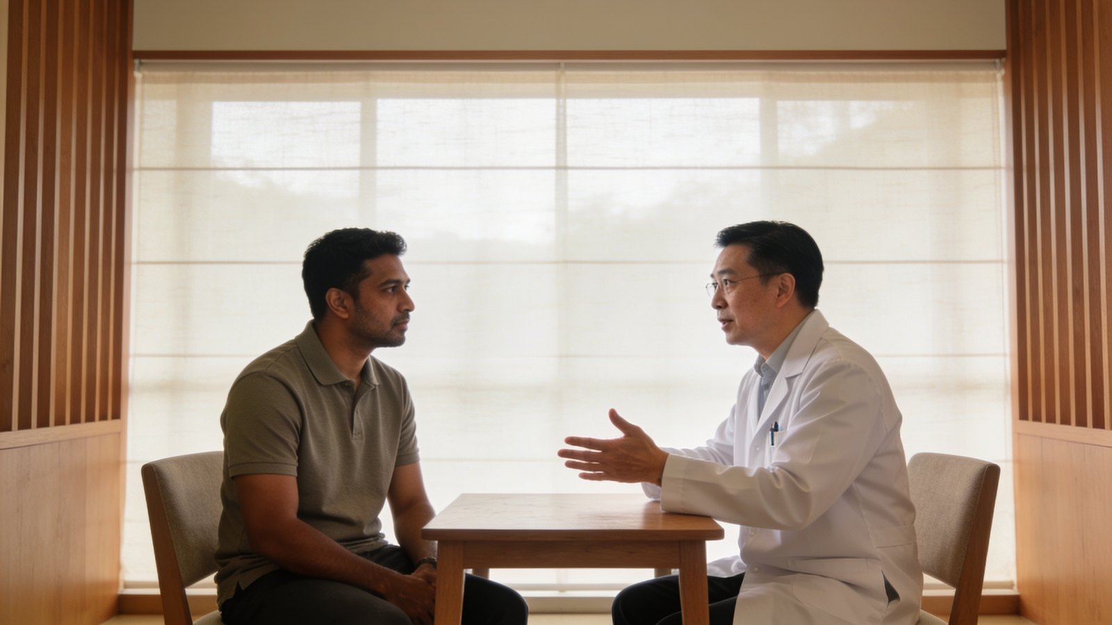 A Malay Singaporean man in his thirties listening to a doctor in a calm consultation room, both whole heads in frame