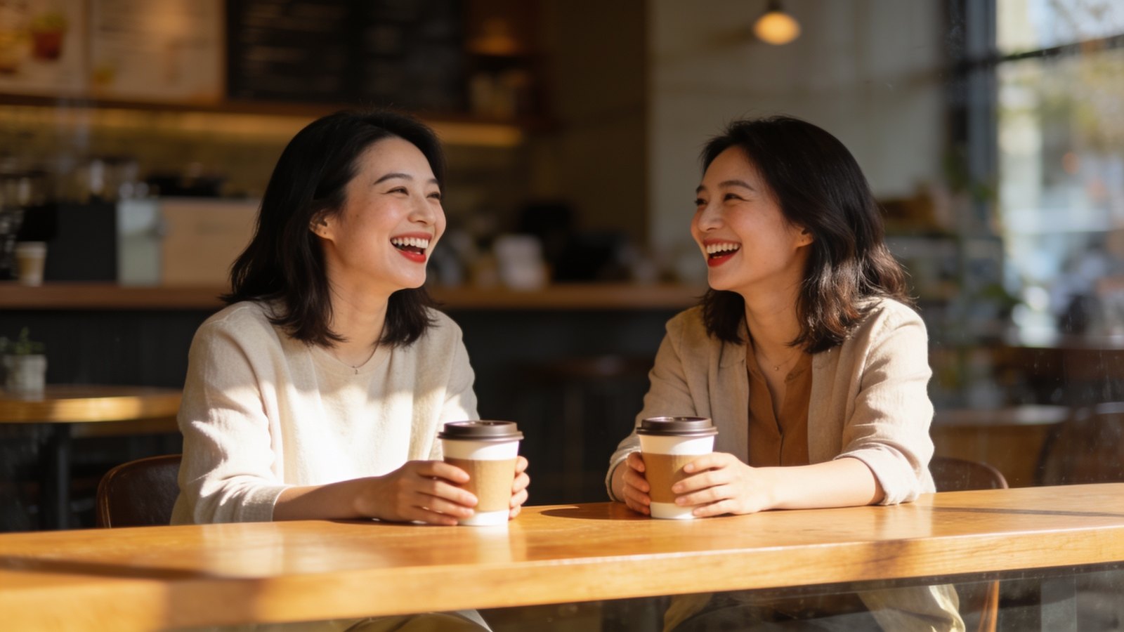 Two East Asian women in their thirties laughing together at a cafe table in daylight, both with soft natural brows and lips, whole heads in frame
