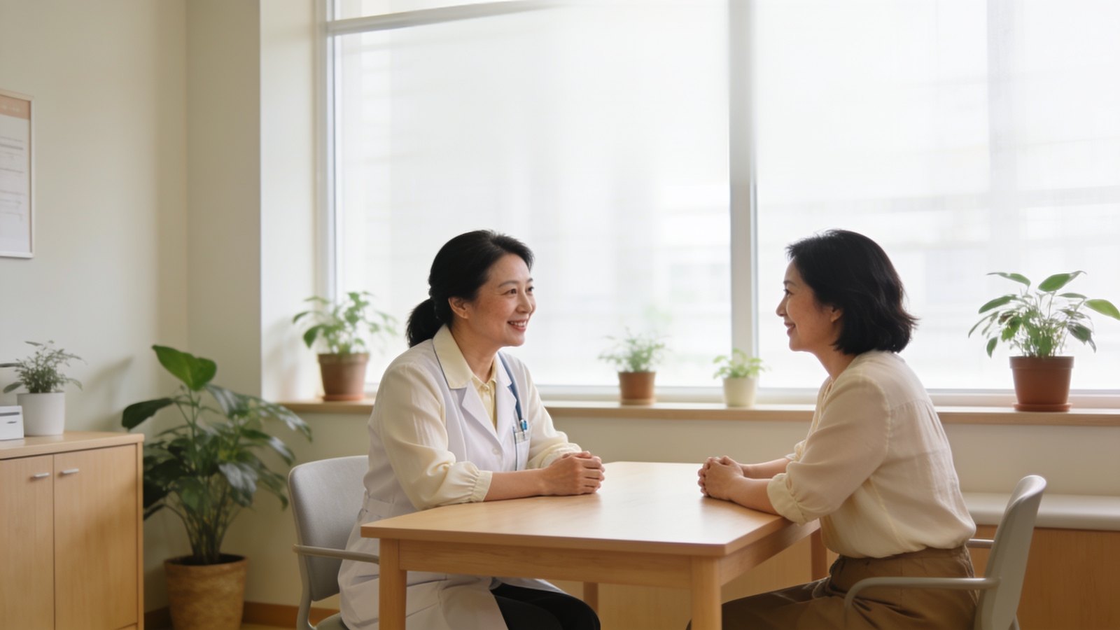 A doctor in conversation with a woman in her forties at a consultation desk in a calm clinic room, both seated with whole heads in frame