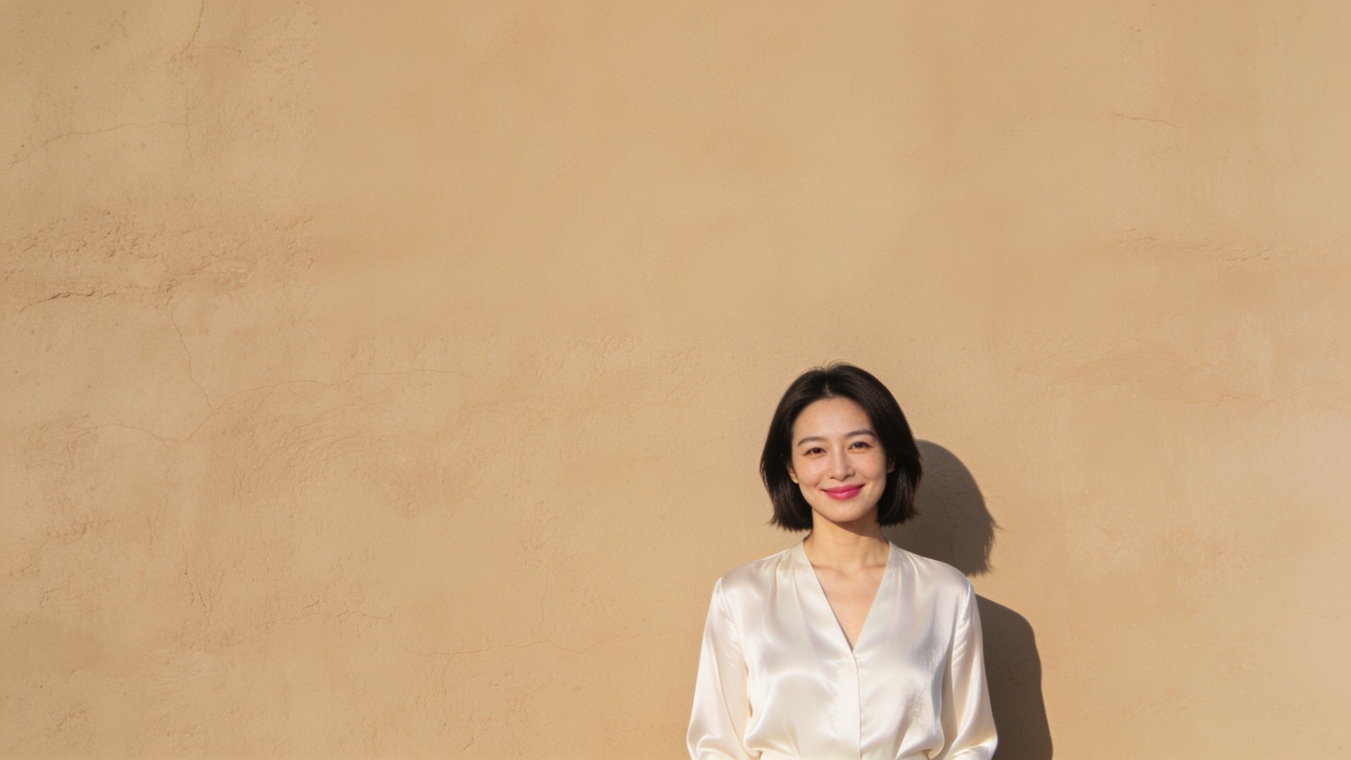 East Asian woman in her thirties with soft natural brows and lips, smiling in warm daylight, photographed waist-up, representing semi-permanent makeup at IN Eternity Clinic, Singapore
