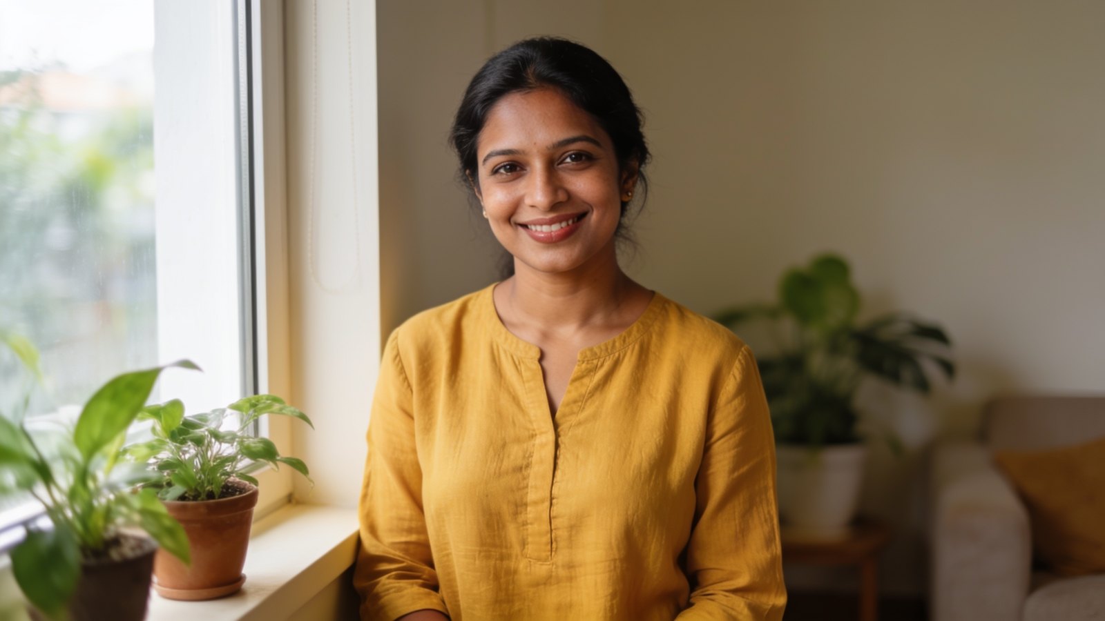An Indian Singaporean woman in her thirties with even, healthy skin smiling by a window in soft natural light, her whole face and head in frame
