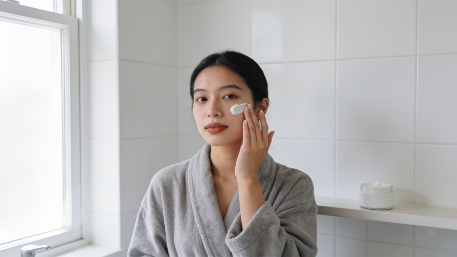 A Southeast Asian woman in her twenties applying a light moisturiser at a bright bathroom mirror, her whole face and head in frame