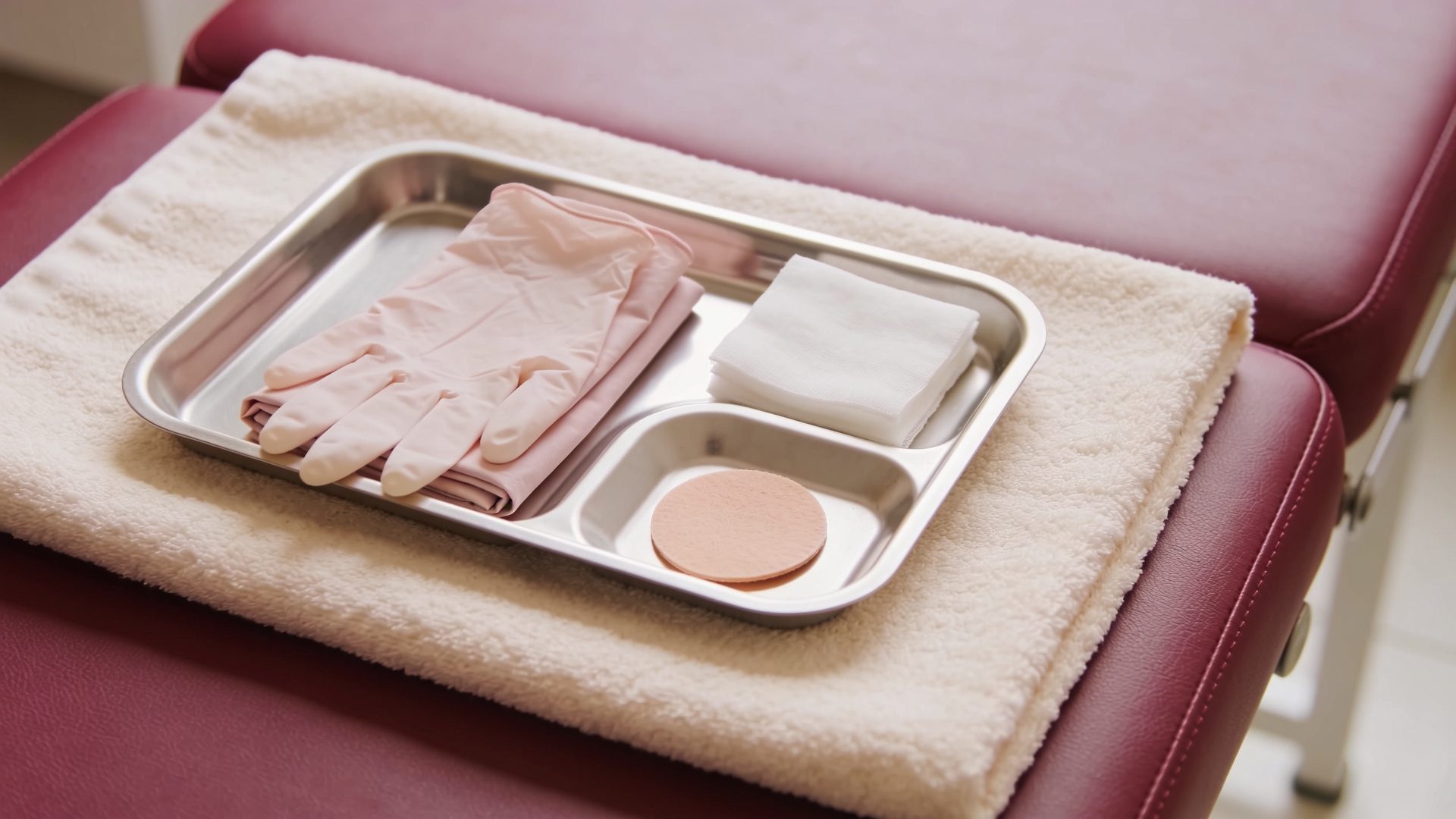 A clinic tray with sterile gauze, a small dressing and gloves on a cream towel (illustrative image)