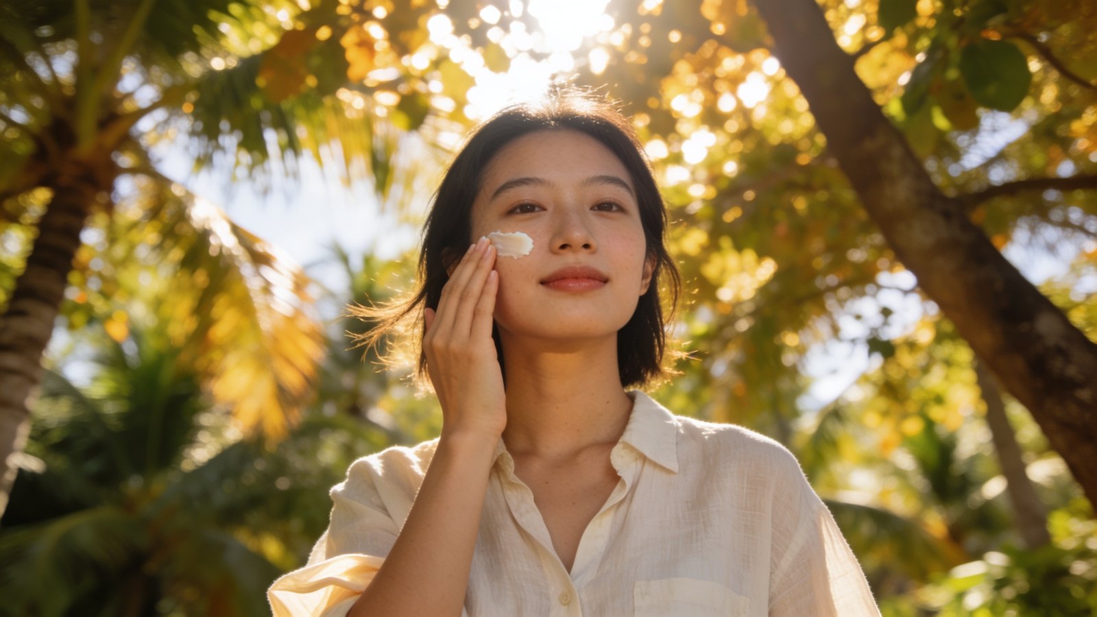 A young woman applying sunscreen to her cheek in the shade of a tree on a bright Singapore day