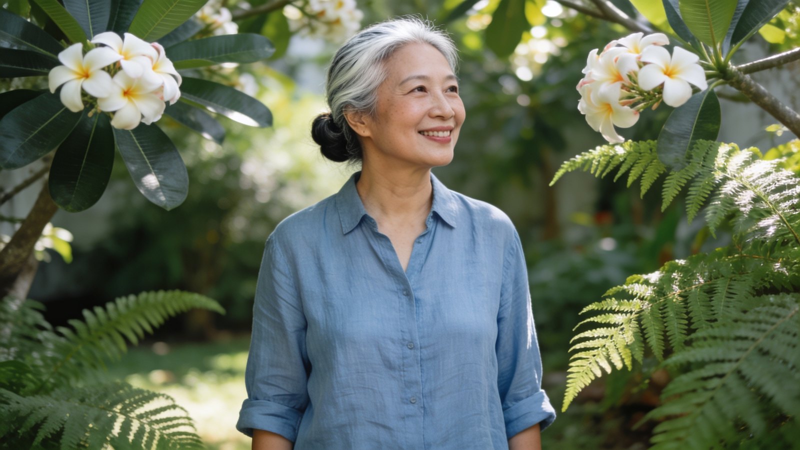 A Chinese Singaporean woman in her fifties with natural silver-streaked hair smiling in a bright garden setting, her whole face and head in frame
