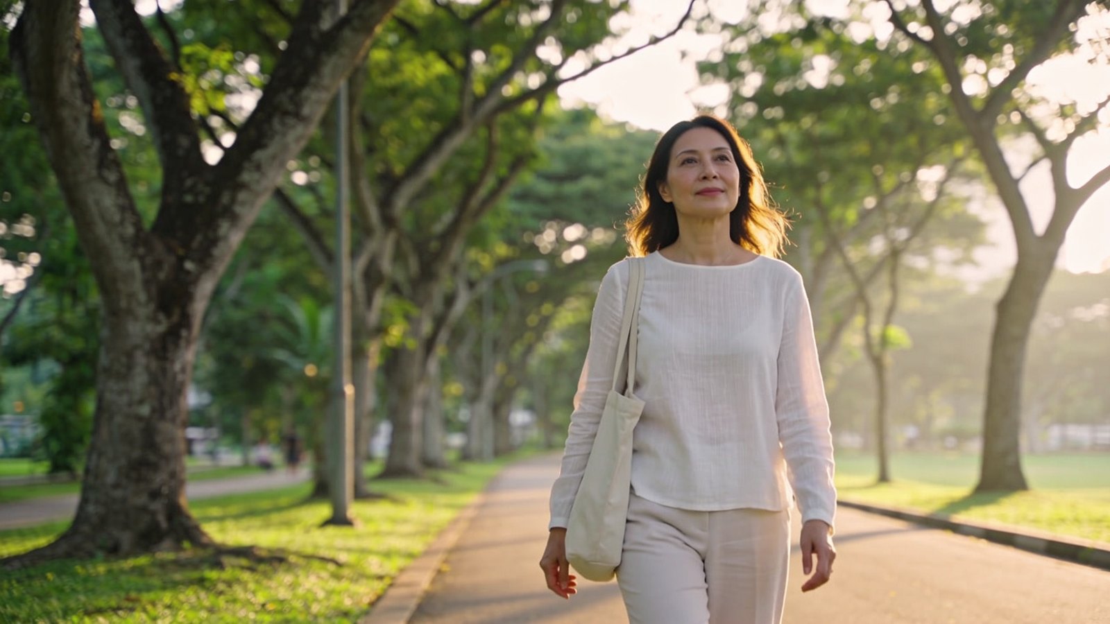 A Eurasian woman in her forties walking along a tree-lined path in a Singapore park in soft morning light, her whole face and head in frame