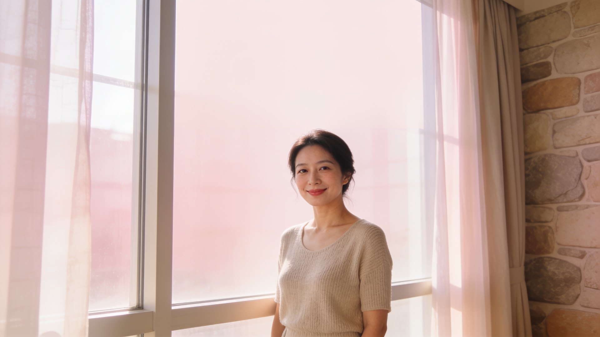 East Asian woman in her late thirties with bright, rested eyes in soft window light, representing under eye filler at IN Eternity Clinic, Singapore