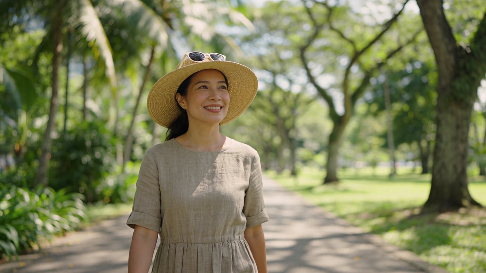 A Southeast Asian woman in her thirties in a wide-brimmed hat walking in dappled shade on a sunny Singapore afternoon, her whole head and face in frame