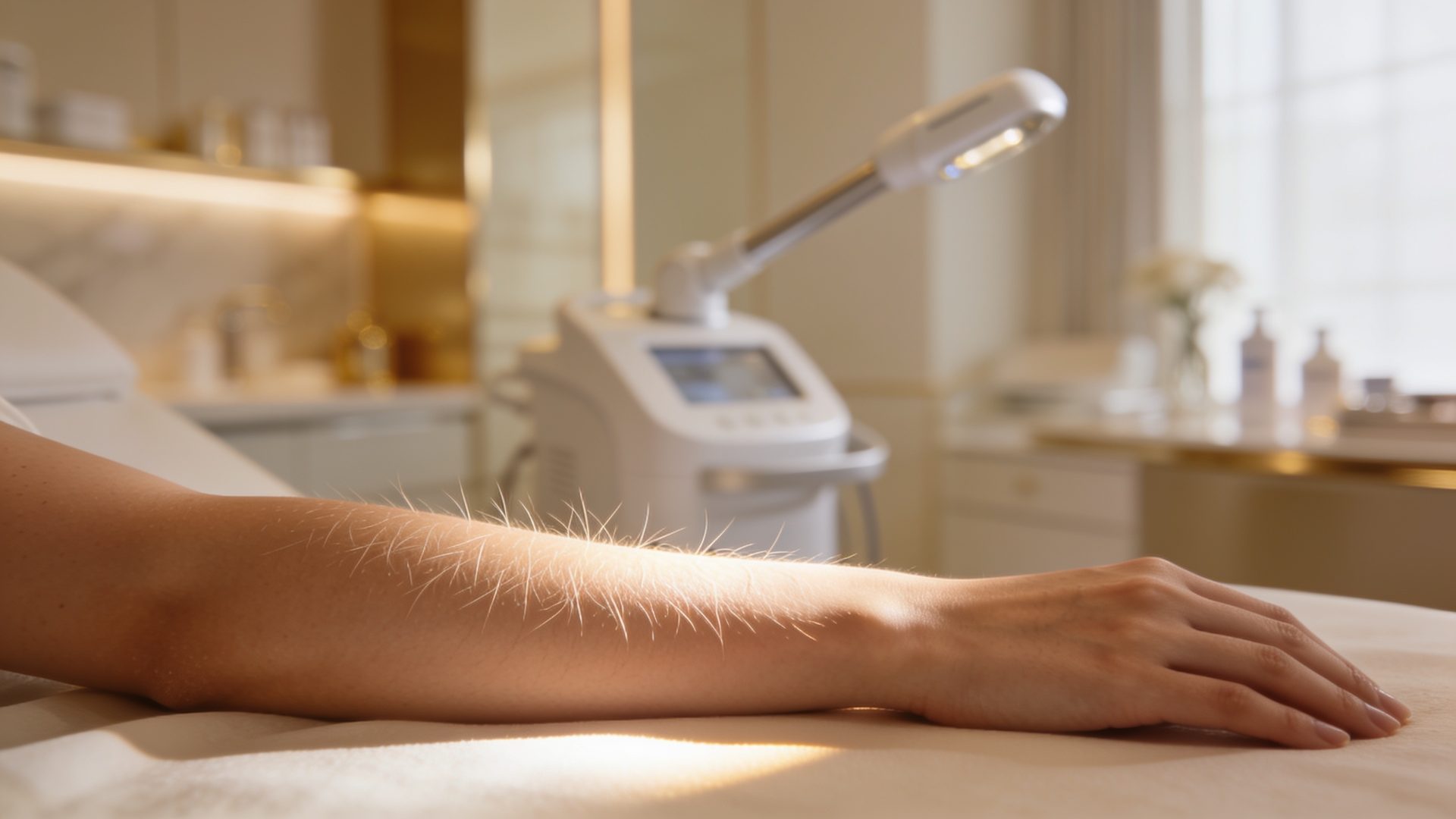 Close view of a laser hair removal handpiece over a forearm at IN Eternity Clinic Singapore