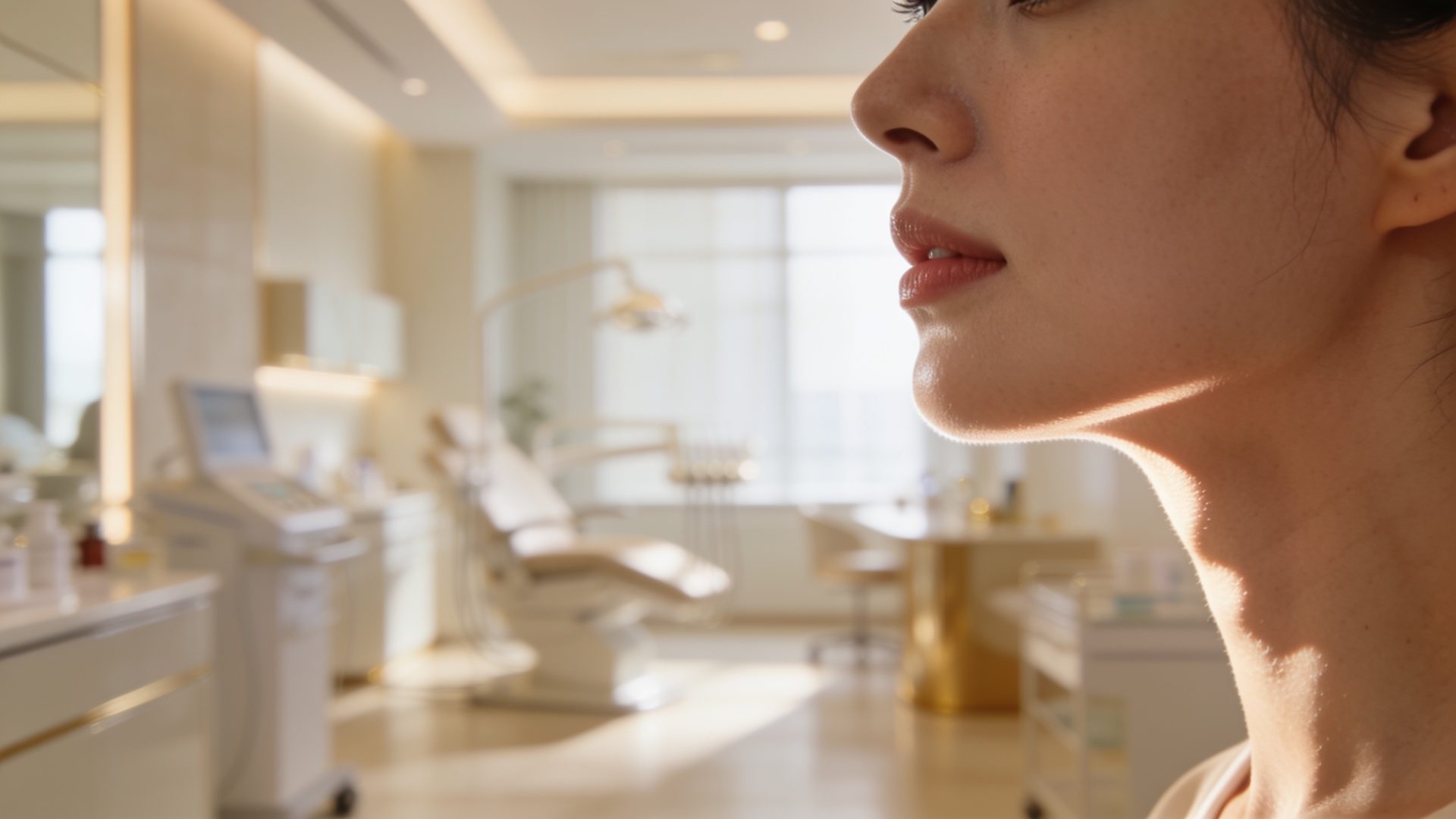 Doctor examining the jawline area of a patient under a magnifying lamp before laser hair removal at IN Eternity Clinic, Singapore