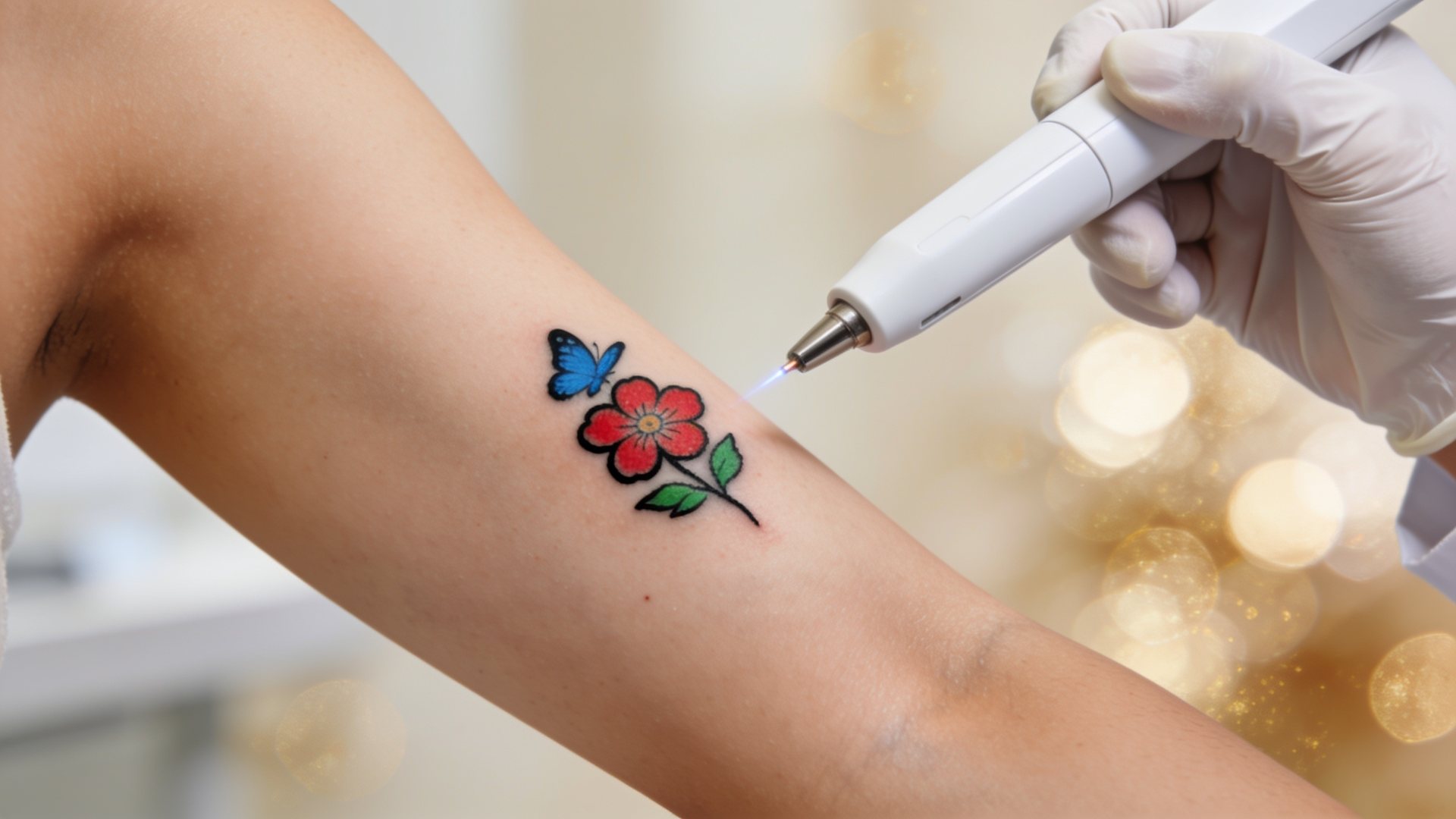 Close-up of a small colour tattoo with a red flower, green leaves and a blue butterfly beside a laser handpiece (illustrative image)